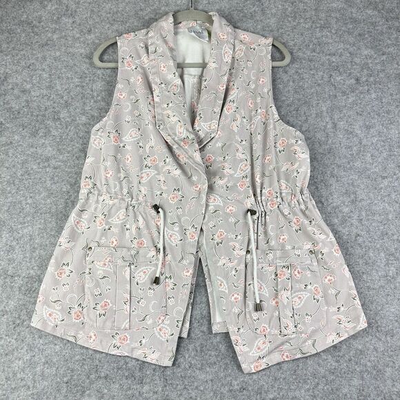 Lysse Piper Vest Womens Large Gray Floral Cotton Twill Open Cinch Waist Pockets - Picture 1 of 15